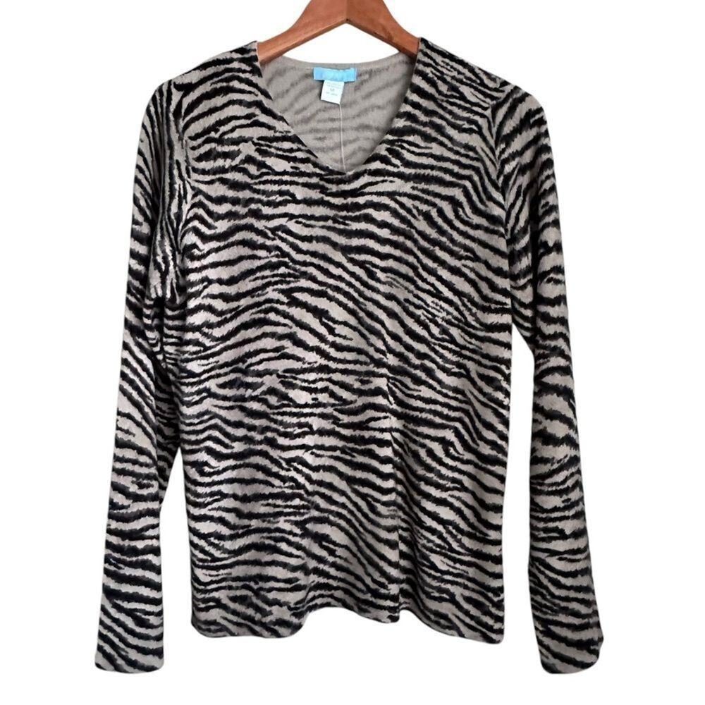 NWT Jennifer Moore M Zebra Print Sweater Gray Black V Neck Knit Animal Print